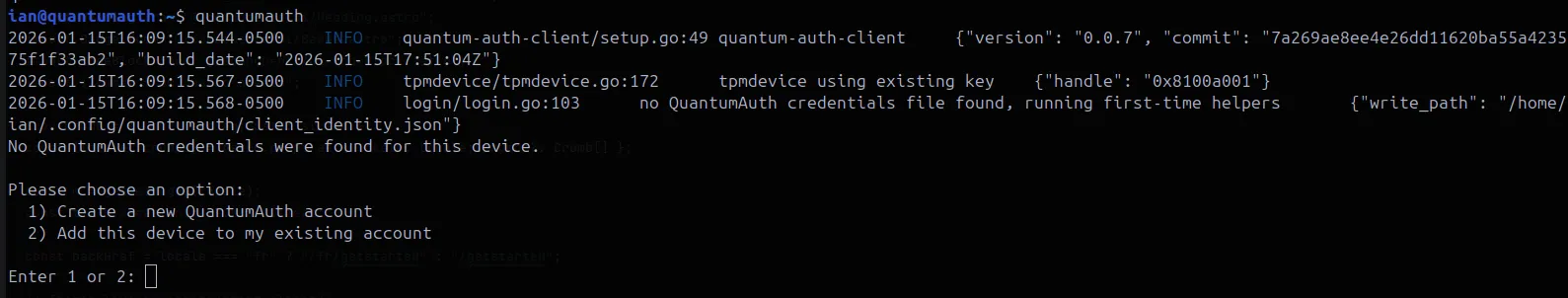 Terminal prompt asking to choose between first-time setup (1) and add device (2).