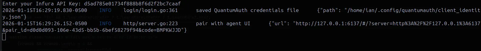 Terminal showing a short-lived setup link to open the QuantumAuth GUI in the browser.
