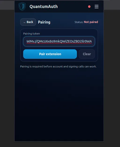 Browser extension settings page showing the pairing input and Pair button.